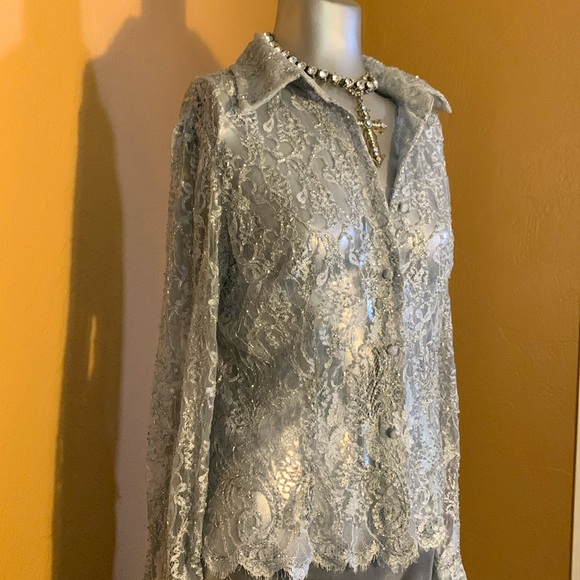 Basic II Blue Beaded Long Sleeve Button Up Blouse.  Sz L - Picture 3 of 5